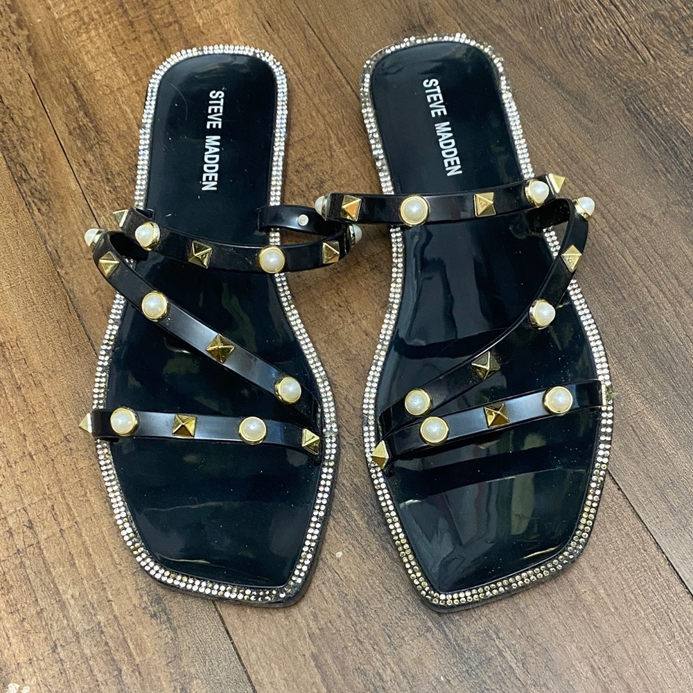 Steve Madden Black Patent Slide Sandals with Pearl & Gold Studs